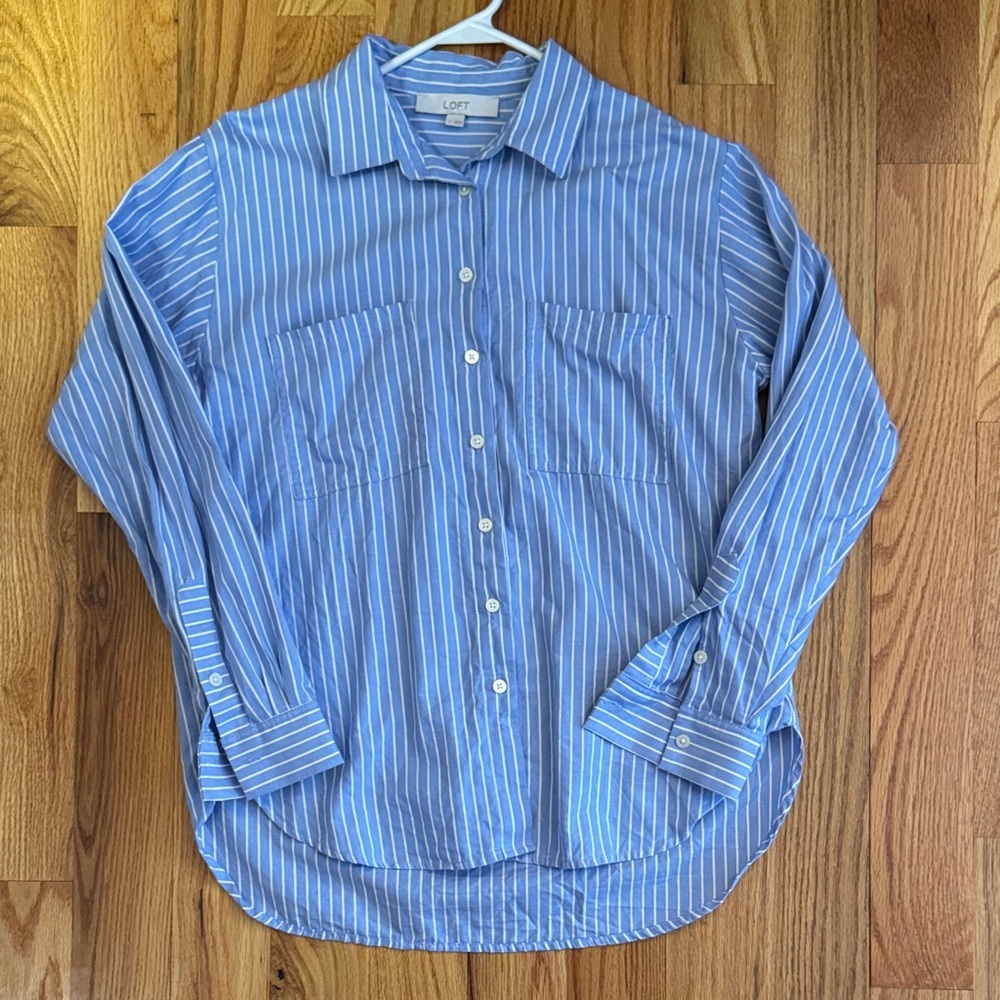 LOFT Women’s Casual Blue and White Striped Shirt